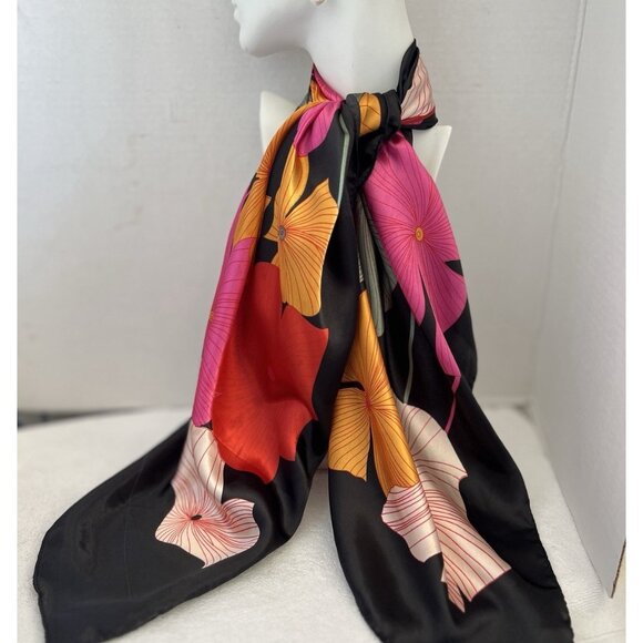 Botanical Silk-Feel Scarf Vibrant Floral 34” Square Elegant - Picture 7 of 11